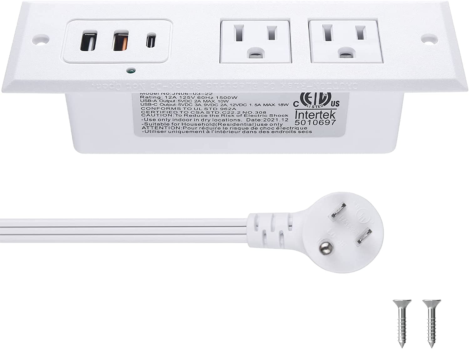 Recessed Power Strip with 20W USB C Port, Fast Charging USB a Port Desk Outlet, Furniture Hidden Charging Station for Side Table, End Table, with 6FT 45 Degree Flat Plug Extension Cord.