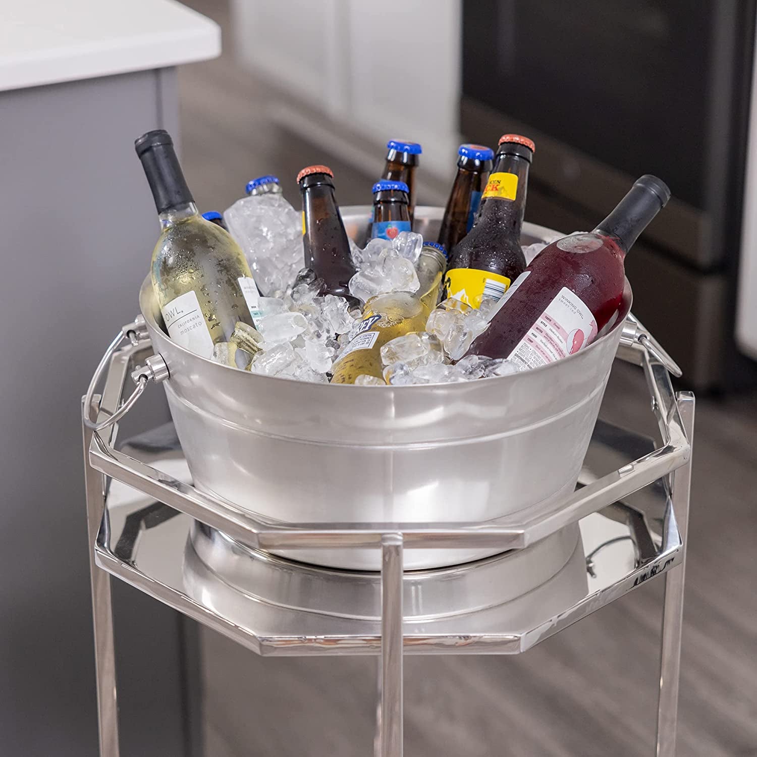 Metal Bar Cart plus Insulated Ice Bucket Combo Set, Double-Walled Insulated Anchored Bolt Drink Tub & Drink Bucket with Double Hinged Handles, Metal Beverage Tub with Stand & Wheels, Silver