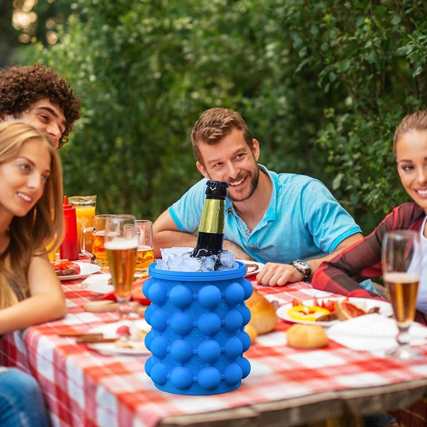 Ice Cube Mold Ice Trays, Large Silicone Ice Bucket, (2 in 1) Ice Cube Maker, Round,Portable (Dark Blue)