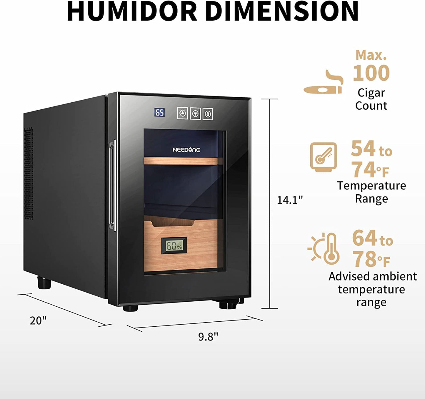 Humidor 16L, Electric Cooler Humidors for 100 Counts, Electronic Cabinet with Cooling Control, Spanish Cedar Wood Drawer Shelves, Digital Hygrometer Displays, Gift for Men