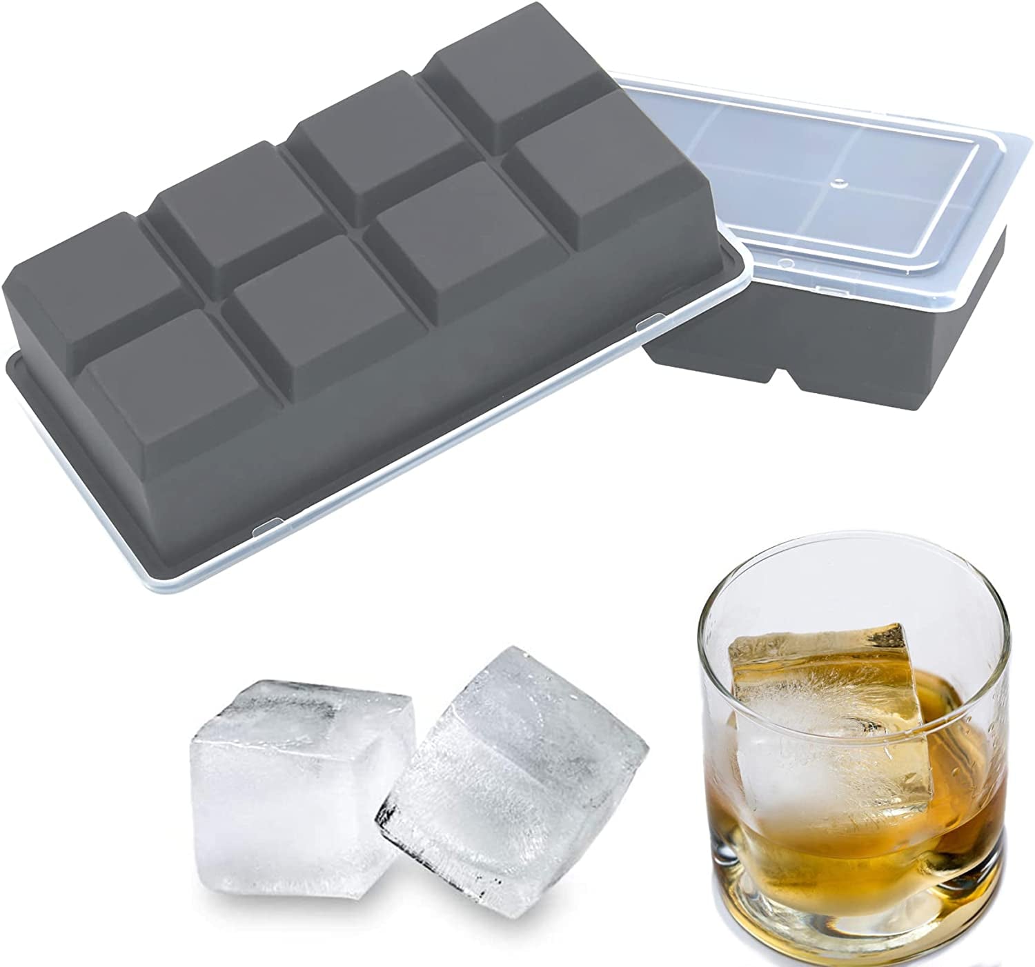 Large Ice Cube Trays with Lids 2 Pack,Silicone Ice Trays for Freezer,Easy Release Silicone Ice Cube Tray,8 Big Square Ice Cubes per Tray Ideal for Cocktails,Whiskey,Soups and Frozen Treats