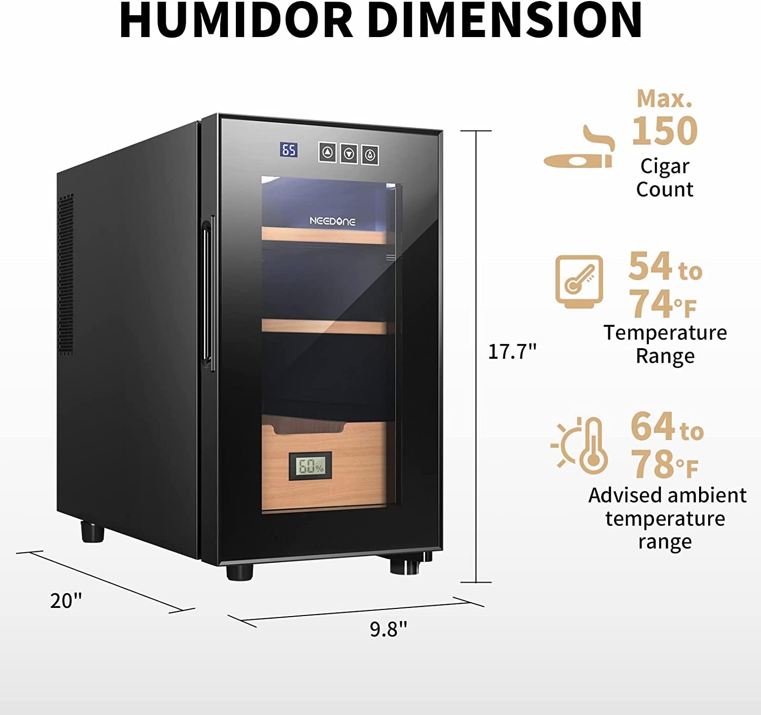 NEEDONE Electric Cooler Humidor, 23L 150 Counts Capacity, with Spanish Cedar Wood Helves & Drawer Electronic Humidor Gift for Men