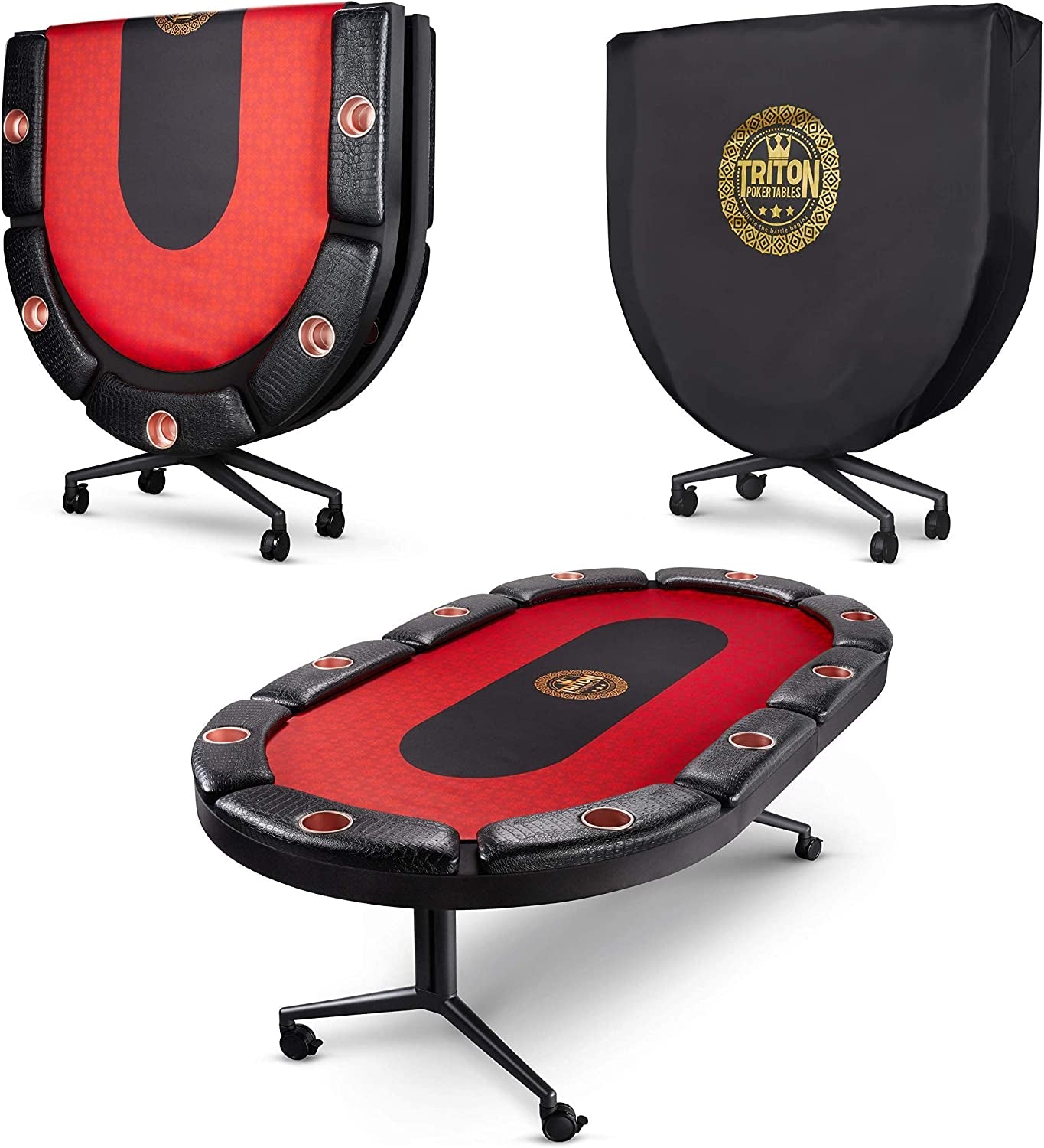 Triton Poker Folding Poker Table Casino Style - 10 Players Oval Portable Texas Hold'Em Poker Table with Mats (Included)