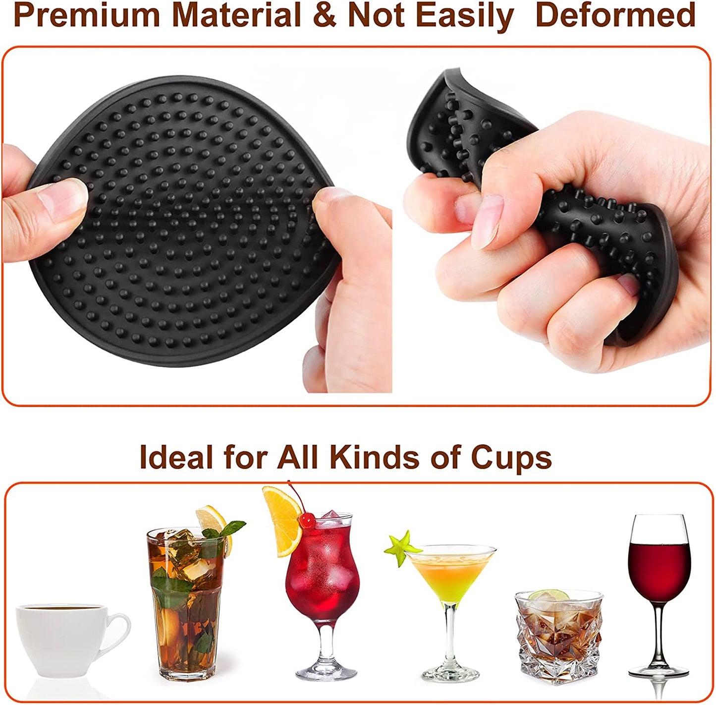 Coasters for Drinks , Perfect Silicone Drink Coasters Set of 8, Non-Stick Black Coasters for Coffee Table, Wooden Table, Heat Resistant Coaster Set with Deep Grooved, Coasters Fit All Cups