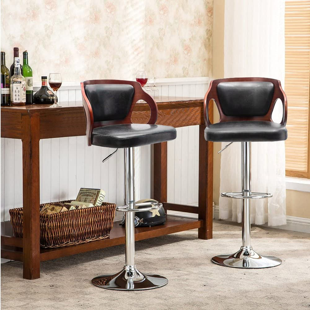 Bar Stools Walnut Bentwood Adjustable Height Leather Modern Barstools with Back Vinyl Seat Extremely Comfy Bar Stool 1 Piece (Black)