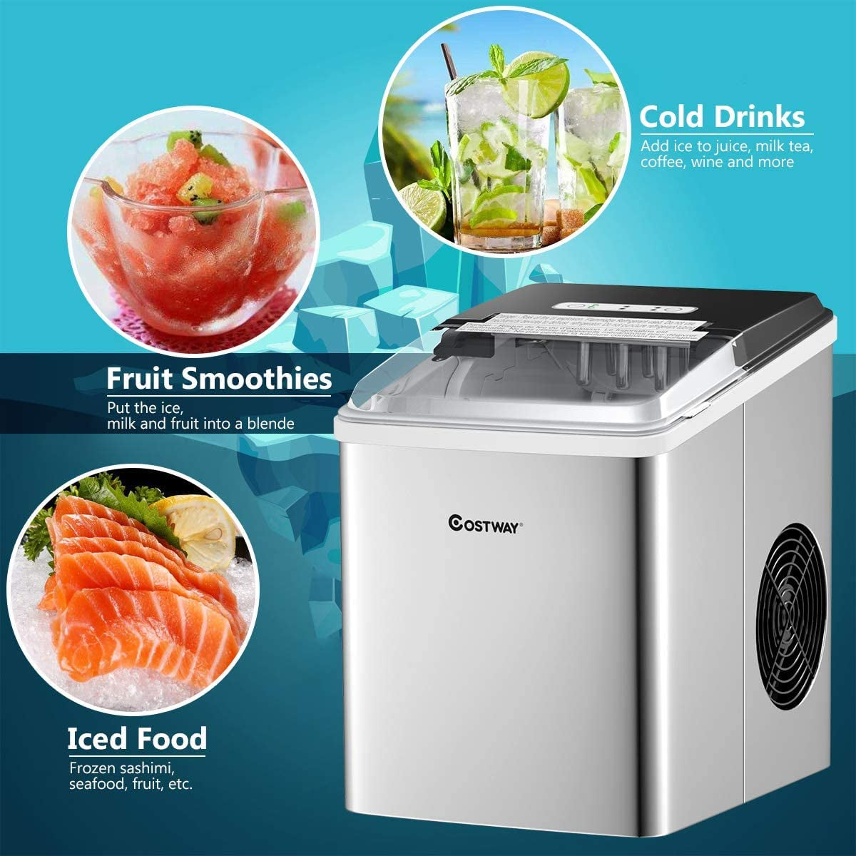 Countertop Ice Maker, Self-Cleaning Function, Ice Cubes Ready in 7 Minutes, 26LBS/24H Portable Stainless Steel Tabletop Ice Machine with Ice Scoop and Basket, Perfect for Home, Bar, Silver