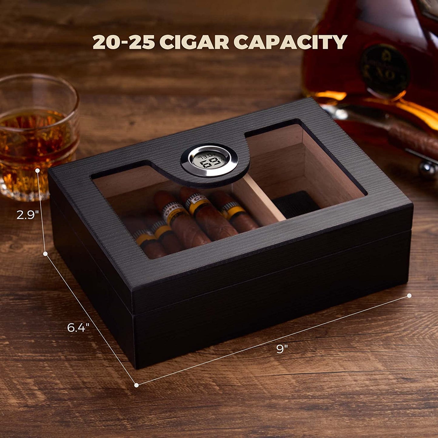 Cigar Humidor Box with Lighter and Cutter, Digital Hygrometer, Crystal Beads Humidifier, Ashtray, Spanish Cedar Lining and Divider for 25 Cigars, Cigar Accessories Gifts for Men
