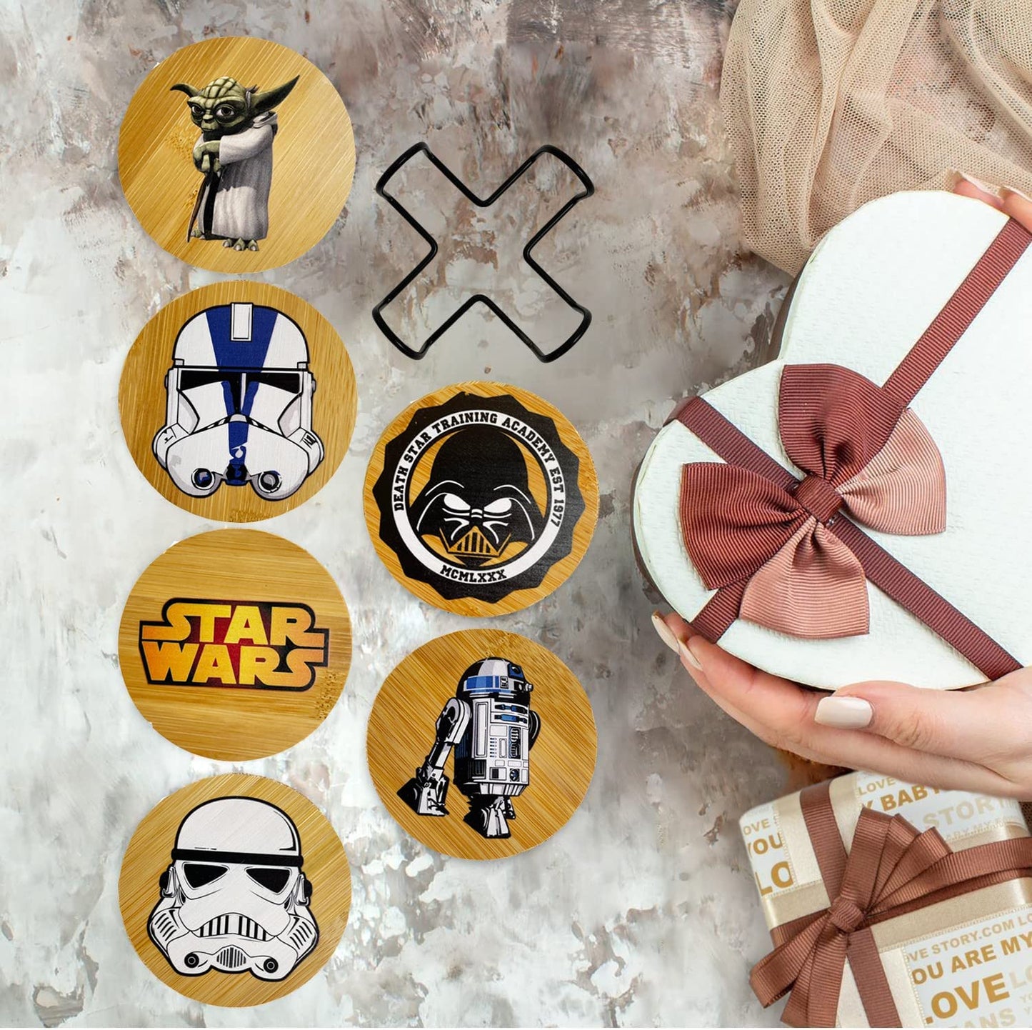 Star War Coasters for Drinks,6 PCS Funny Coasters Set with Coaster Holder,Wood Coasters for Coffee Table,Cute Coasters for Home Decor,Star War Merchandise, Star War Gifts
