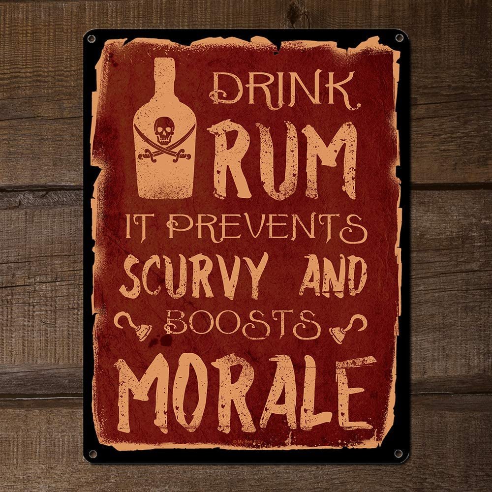 Drink Rum It Prevents Scurvy and Boosts Morale, 8.5 X 11.5 Inch Aluminum Sign, Pirate Wall Decor for Man Cave, Brewery, Bar, Accessories and Gifts for Men, Vintage Distressed Look AL-0912-RK1043
