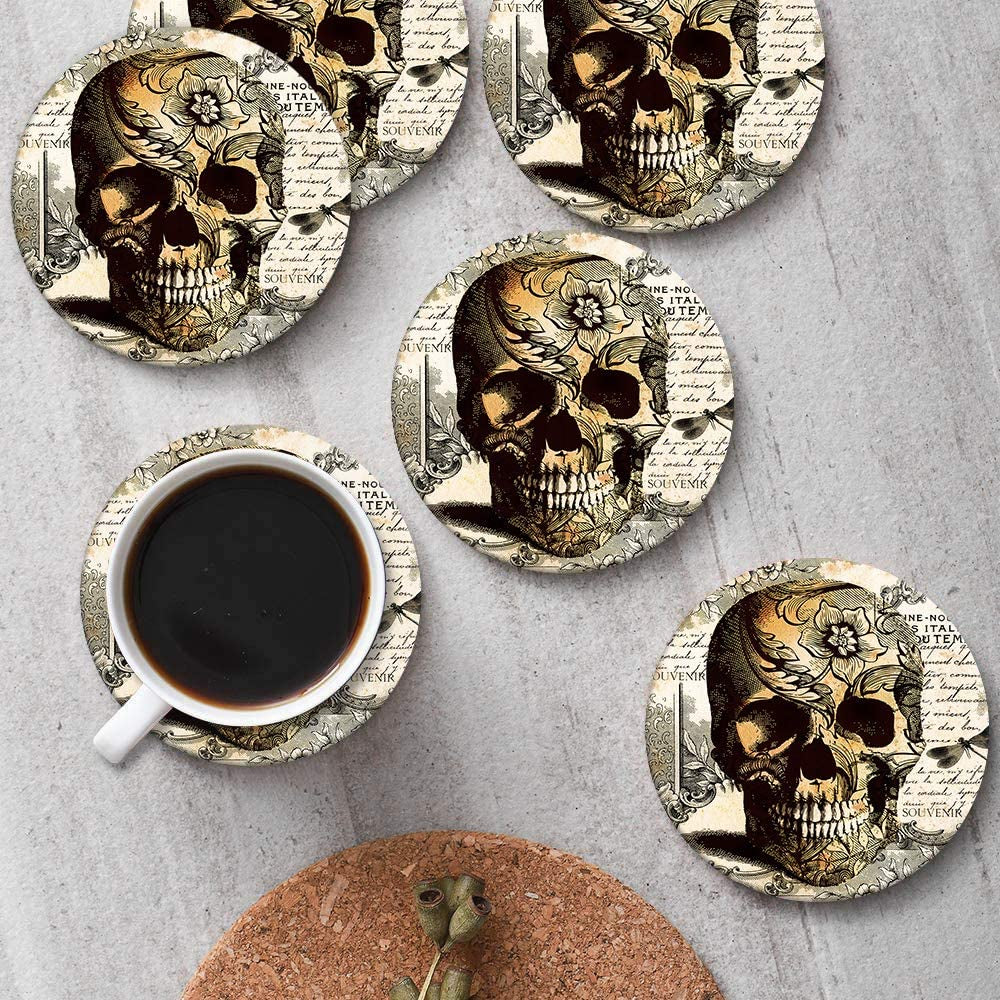 Set of 6 Coaster for Drinks Absorbent with Cork Base, Metal Holder, round Wooden Stone Drink Mat for Coffee Wood Table, Gift for Birthday, Farmhouse Housewarming Room Bar Decor Retro Skull