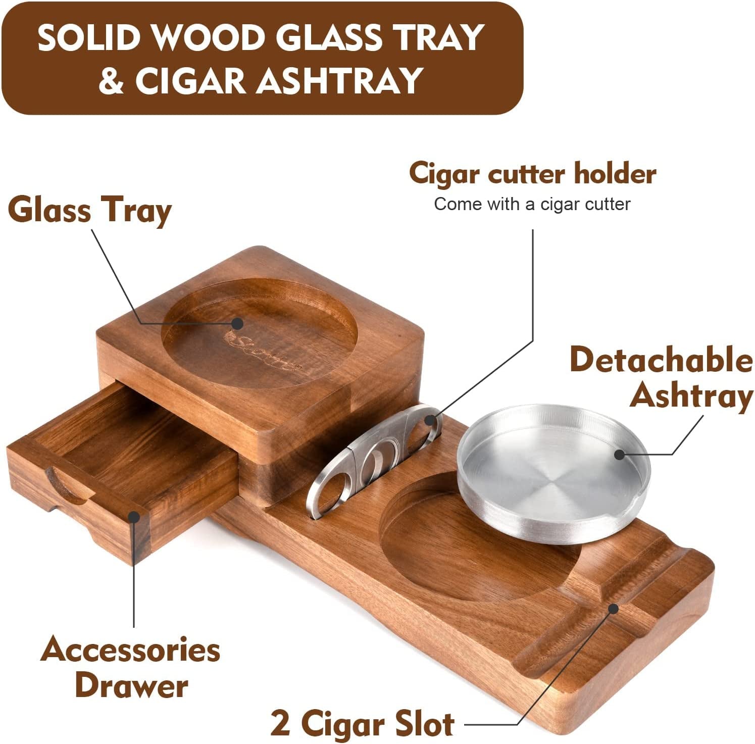 Cigar Ashtray Coaster Whiskey Glass Tray & Wooden Ash Tray with Cigar Cutter,Include Drawer and Cigar Slot Home Office Outdoor Ashtrays Great Cigar Accessories for Men
