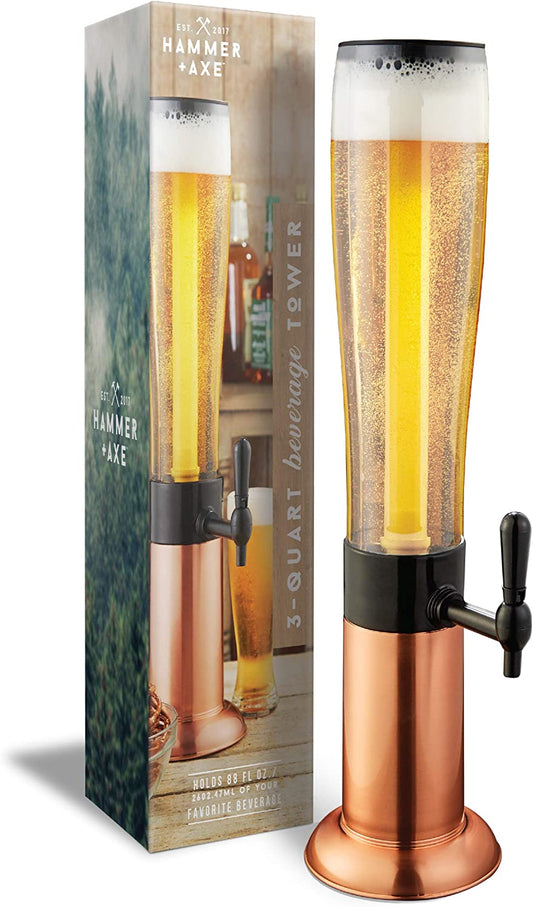 Beer Tower Drink Dispenser with Pro-Pour Tap and Freeze Tube to Keep Beverages Ice Cold, Perfect for Parties and Gameday, Home Bar Accessories, 2.75 Qt./2.6 L, Copper Finish, Holiday Gift