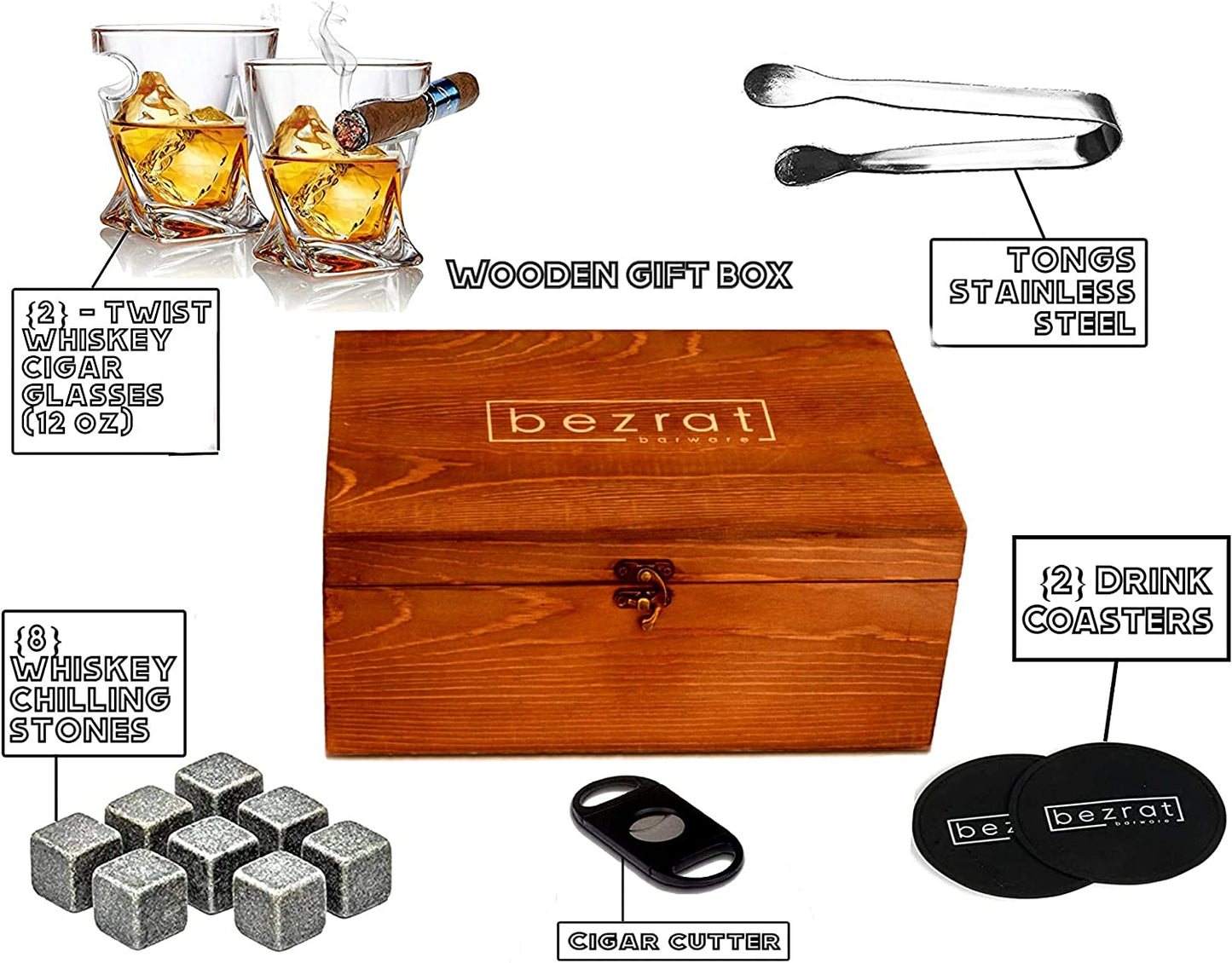 Old Fashioned Whiskey Cigar Glasses with Side Mounted Cigar Holder + Whisky Chilling Stones and Accessories in Wooden Box - Scotch Bourbon Set for Dad, Husband, Fathers Day, Birthday Gift Set