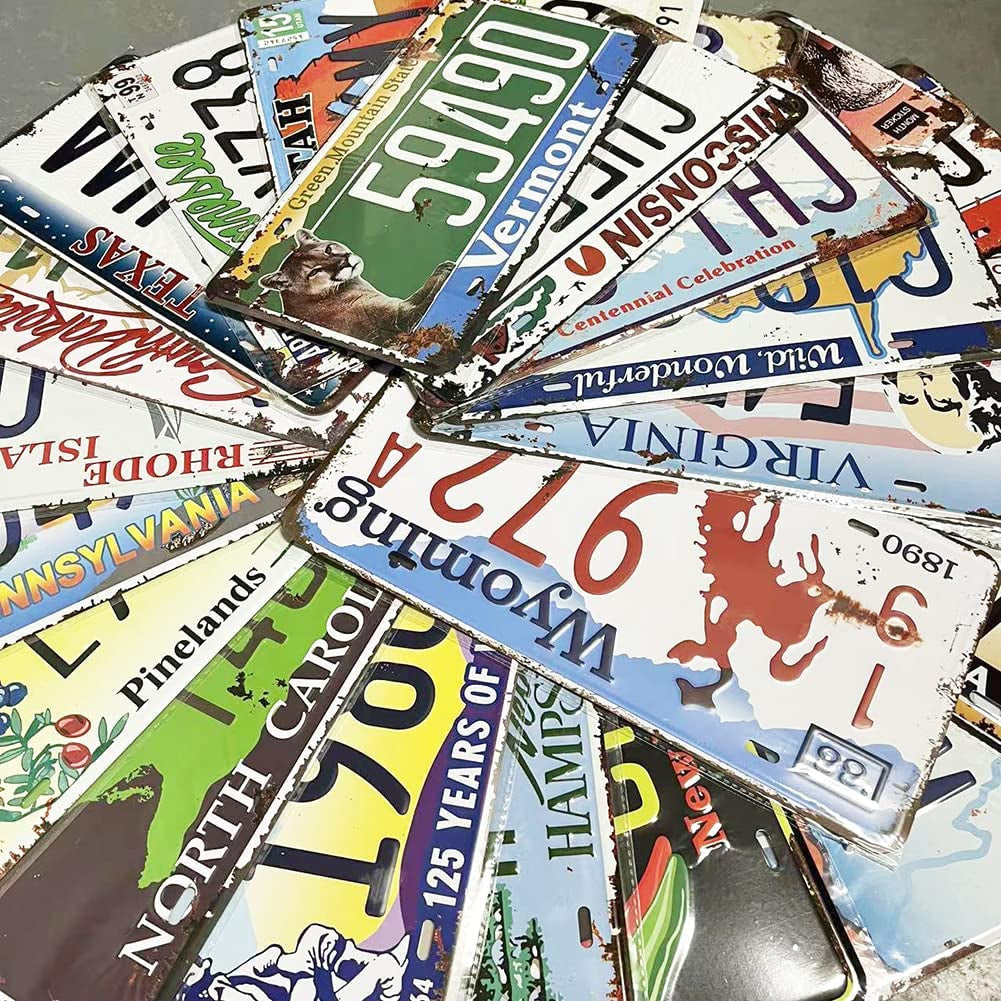24 Pieces Assorted Replica Car Number Tags, Embossed Prop License Plates, Home Wall Automobile Bar Garage Man Cave Decoration, 6X12 Inch