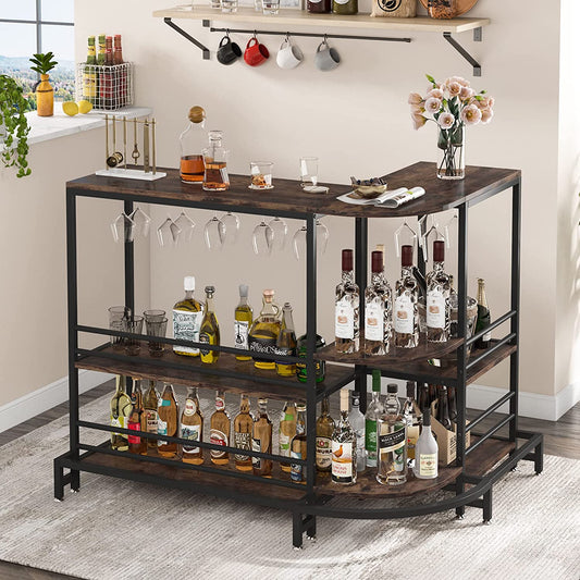 L-Shaped Home Bar Unit, 3-Tier Liquor Bar Table with Storage and Footrest, 43.3" Tall Wine Bar Stand Pub Bar Table for Liquor and Glasses, Rustic Brown