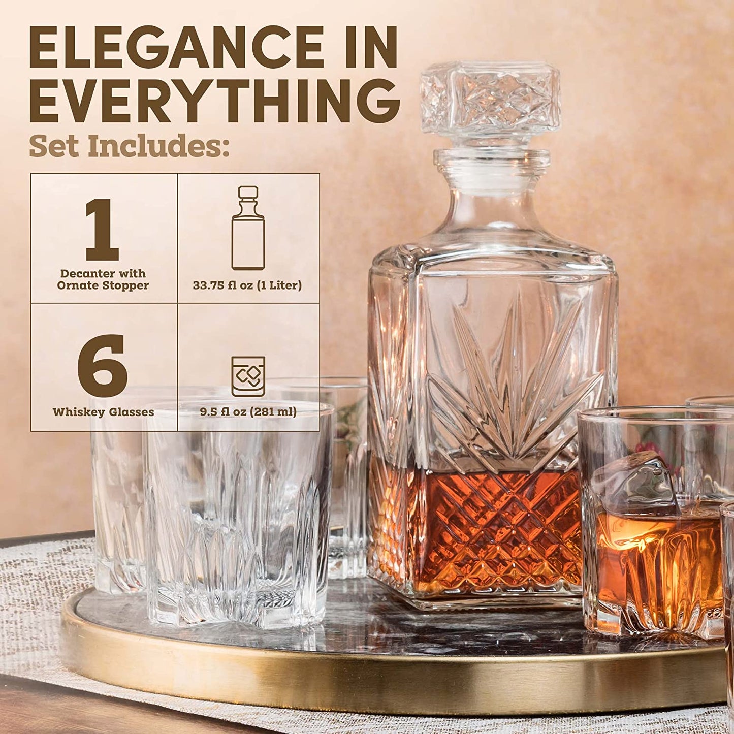 Whiskey Decanter Set - 7-Piece Italian Crafted Glass Decanter & Whiskey Glasses Set - Holiday Whiskey Gifts for Men and Women W/Ornate Stopper and 6 Cocktail Glasses