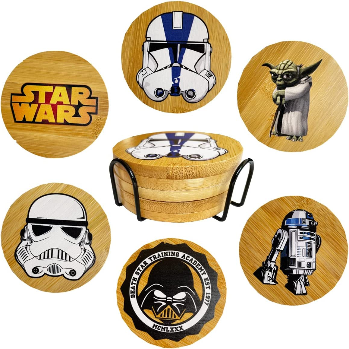 Star War Coasters for Drinks,6 PCS Funny Coasters Set with Coaster Holder,Wood Coasters for Coffee Table,Cute Coasters for Home Decor,Star War Merchandise, Star War Gifts