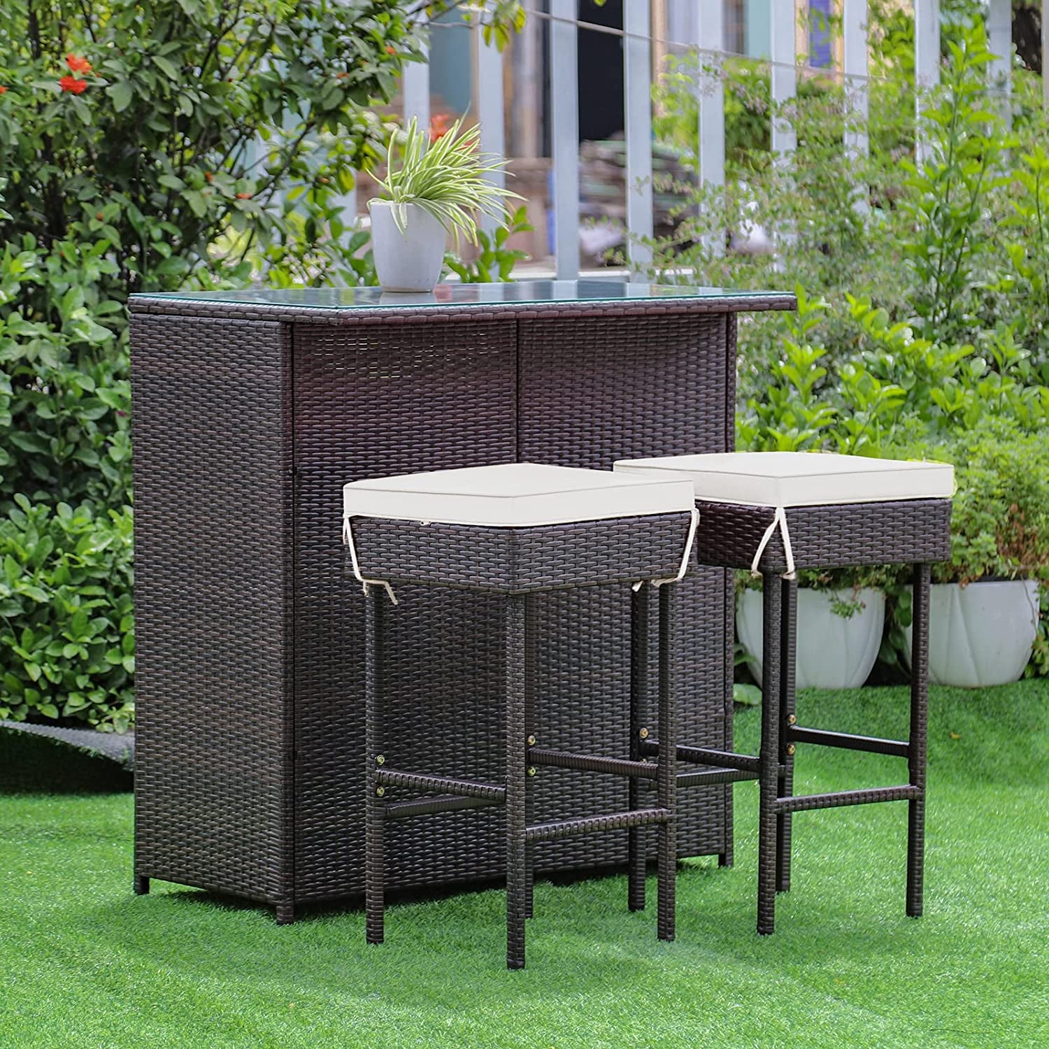 RELAX4FLIE 3-Piece Outdoor Bar Set, Patio Wicker Bar Height Table and Chairs Set with Cushioned Stools 2 Open Shelves & Glass Table Top, Rattan Bar Table Set for Poolside, Garden and Backyard (Beige)