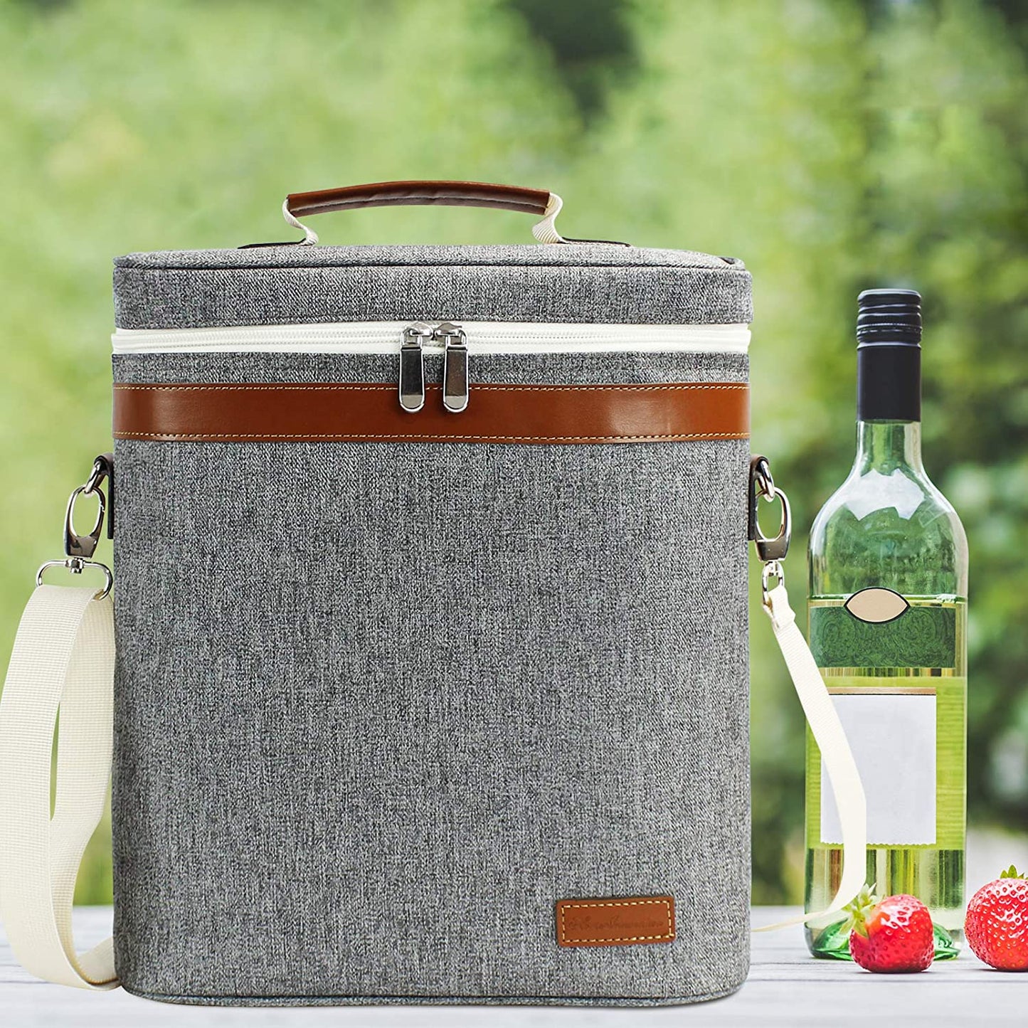 3 Bottle Insulated Wine Tote Cooler Bag, Portable Wine Carrier with Corkscrew Opener and Shoulder Strap for Beach Travel Picnic, Unique Wine Carrier for Wine Lover Gifts Grey
