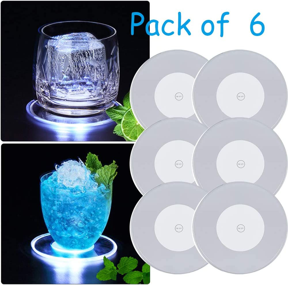 6 Pieces LED Coasters for Drinks, Light up Coasters ON/OFF Disposable round Coasters for Drinks, Acrylic Coasters for Beer Cocktail Parties Weddings Bar Christmas, Cool White LED Coasters