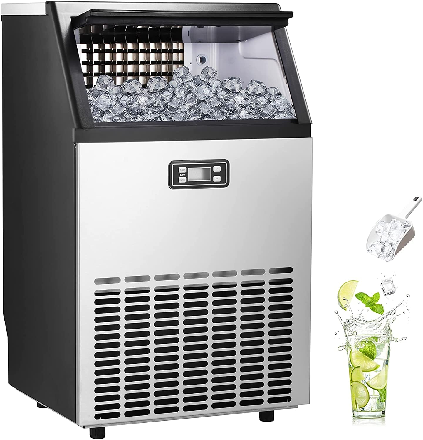 Ice Maker, Commercial Ice Machine,100Lbs/Day, Stainless Steel Ice Machine with 48 Lbs Capacity, Ideal for Restaurant, Bars, Home and Offices, Includes Scoop
