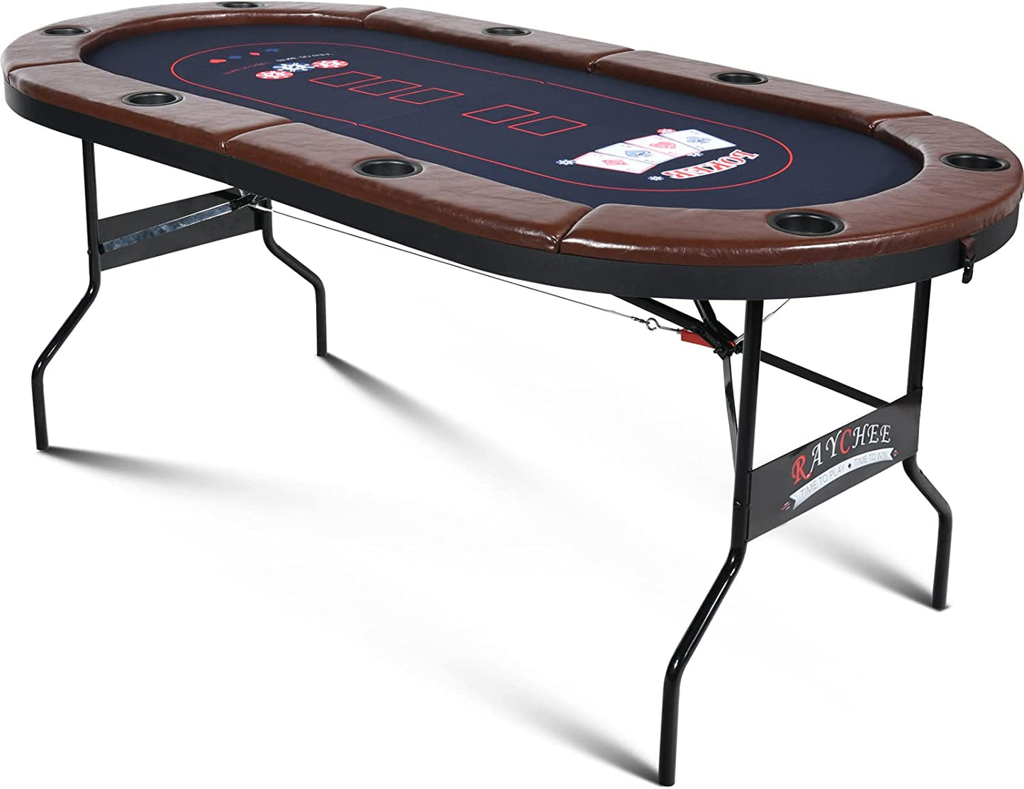 8 Player Foldable Poker Table, Texas Holdem Table, Folding Leisure Game Table, Portable Casino Table for Game Room with Padded Rails and Cup Holders (Brown, 71 Inch)