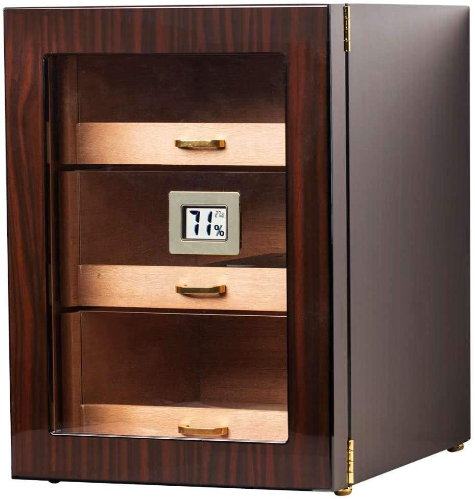 Cigar Humidor Cabinet with Digital Hygrometer for 100 to 150 Counts, Spanish Cedar Lined Cigar Box with 3 Large Drawers, 2 Crystal Gel Humidifiers, Glossy Ebony Finish, Great Gift for Father