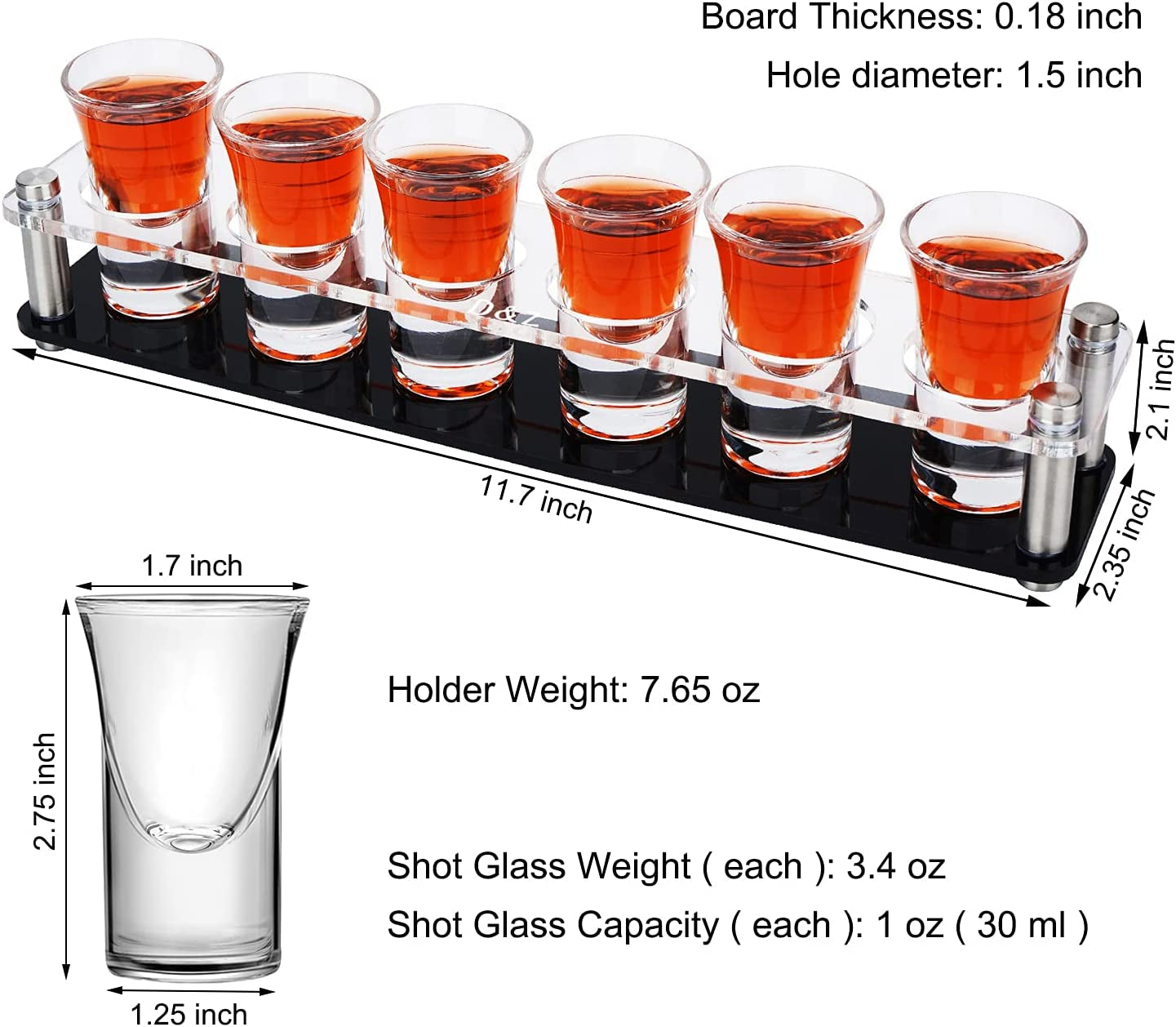 Shot Glass Holder with 6 Heavy-Base Shooter Glasses, Assembled Acrylic Server for Restaurant, Bar, Family Gathering, 1 Oz ( 30 Ml ) Tasting Glass for Tequila, Vodka, Whiskey, Beer, Wine, Soju