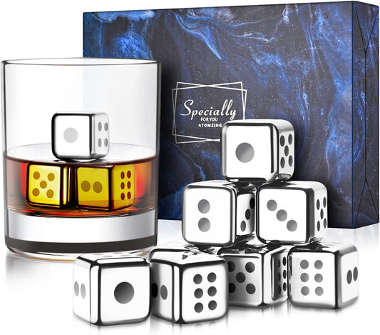 Whiskey Stones Gifts for Men Dad, Dice Reusable Ice Cube, Whiskey Stainless Steel Metal Ice Cubes, Cool Man Cave Gadgets, Unique Anniversary Birthday Gifts for Him Boyfriend Boss,Silver Set of 8