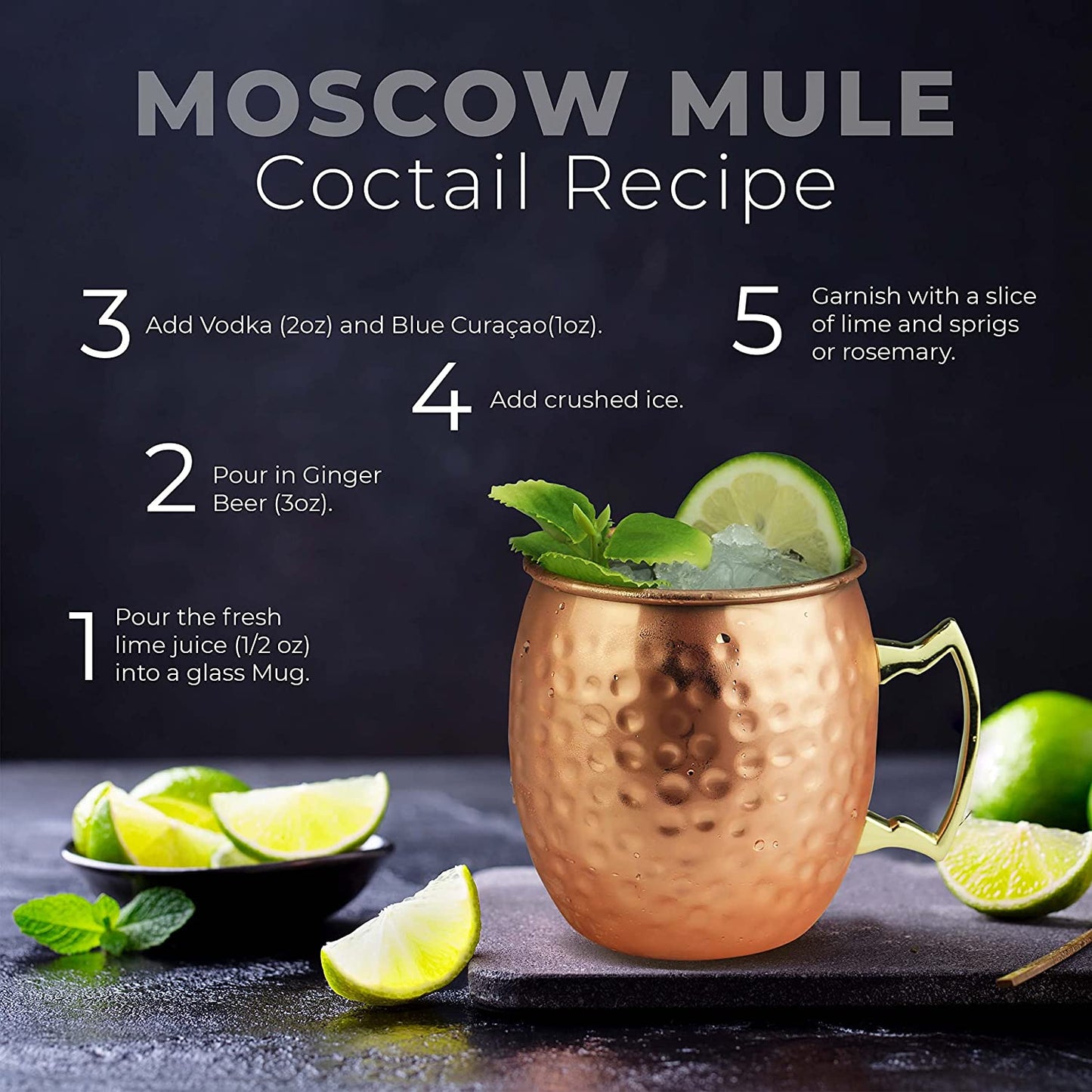 Moscow Mule Mugs | Large Size 19 Ounces | Set of 4 Hammered Cups | Stainless Steel Lining | Pure Copper Plating | Gold Brass Handles | 3.7 Inches Diameter X 4 Inches Tall