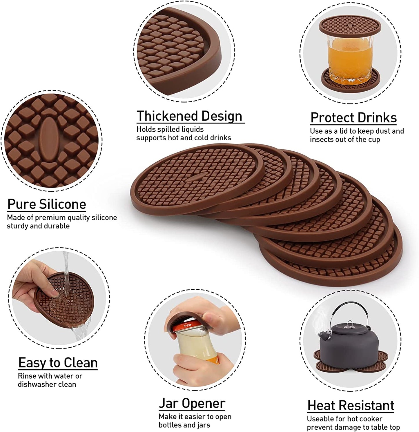 7 Pack Silicone Coasters for Drinks, Thickened Coasters with Deep Tray Grooved Design Cup Mat, Washable Heat Resistant Durable Non-Slip Coasters for Coffee Table Wooden Desk Kitchen Bar (Brown)