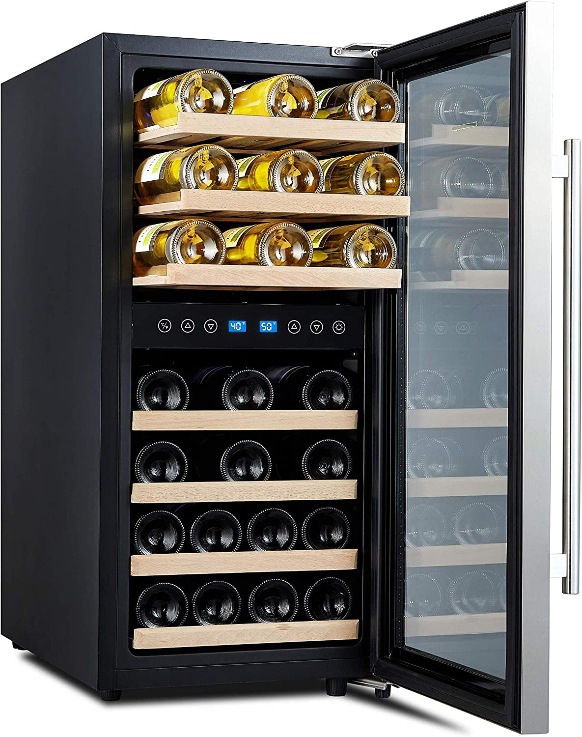 Dual Zone Wine Cooler Refrigerator - 33 Bottle Free Standing Compressor Fridge and Chiller for Red and White Wines - 16'' Glass Door Wine Refrigerator with Digital Memory Temperature Control