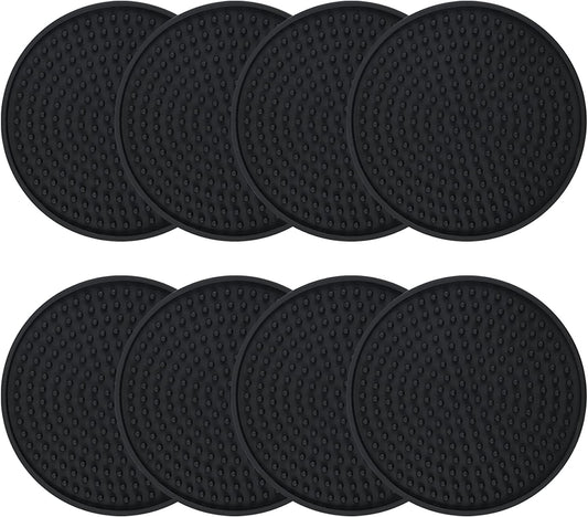 Coasters for Drinks , Perfect Silicone Drink Coasters Set of 8, Non-Stick Black Coasters for Coffee Table, Wooden Table, Heat Resistant Coaster Set with Deep Grooved, Coasters Fit All Cups