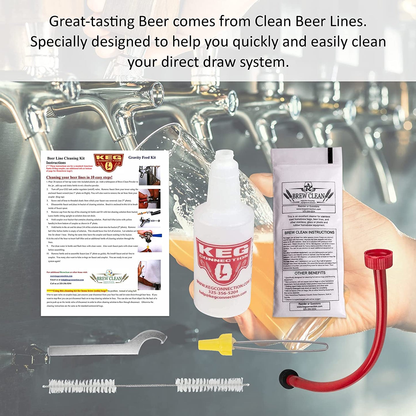 Kegerator Beer Line Cleaning Kit - Easy and Safe to Use Keg Cleaner - with Brew Clean Solution and More