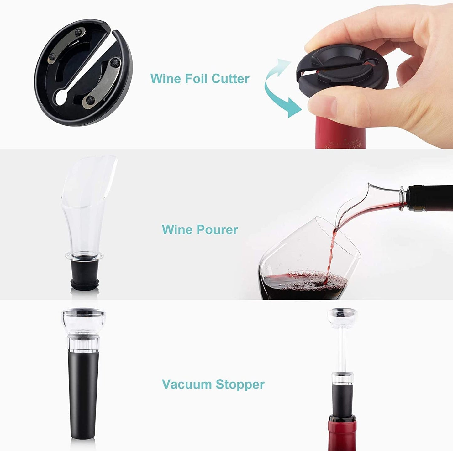 Electric Wine Opener, Automatic Wine Bottle Opener Set with Foil Cutter Vacuum Stopper and Wine Aerator Pourer for Wine Lovers Gift Home Kitchen Party Bar Wedding Rechargeable, Silver