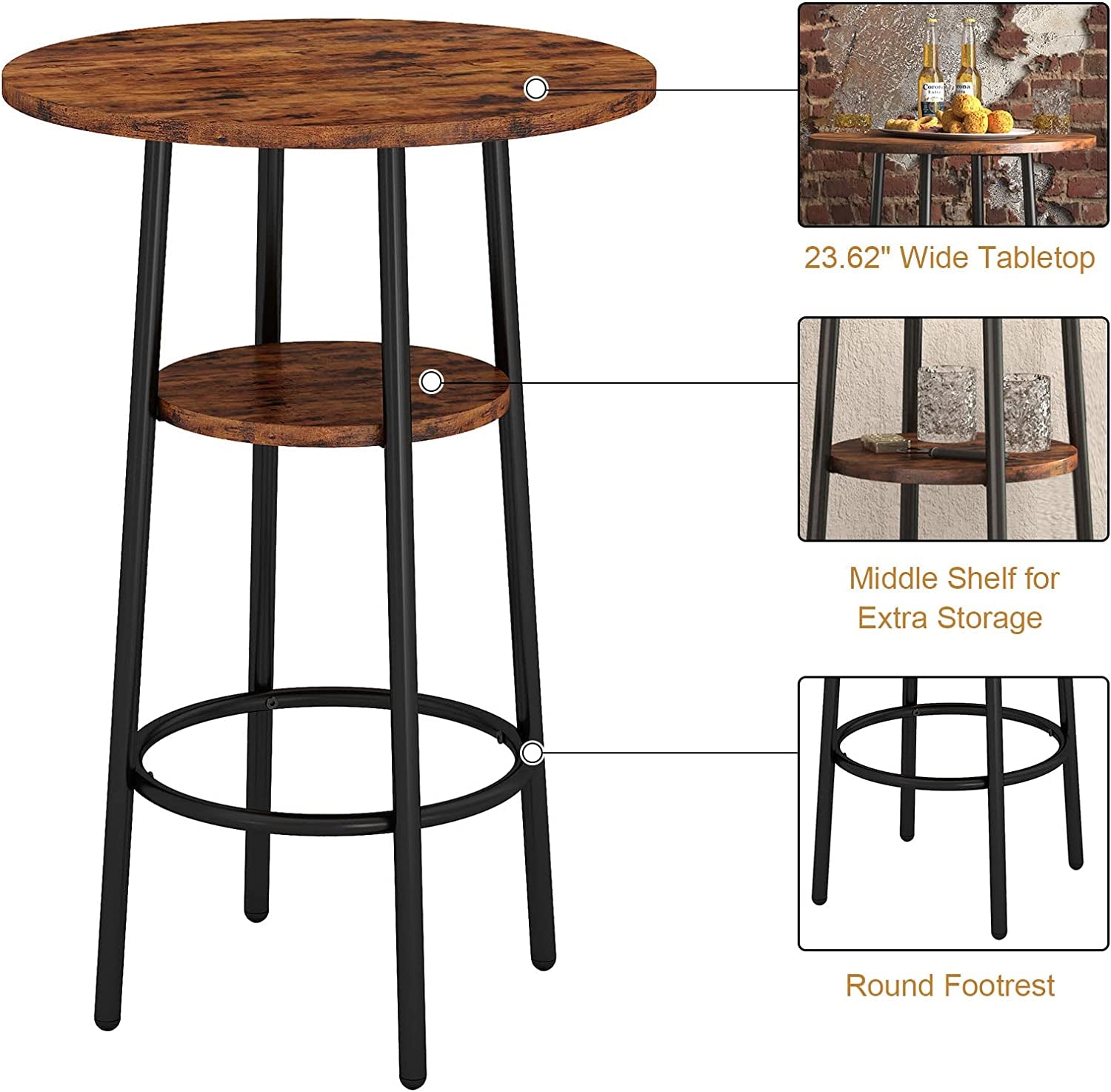 3-Piece Bar Table Set for 2, Small 2-Tier round Bistro Pub Dining Table & PU Upholstered Stools with Backrest, Counter Height Table and Chairs Set for Kitchen Small Space, Rustic Brown