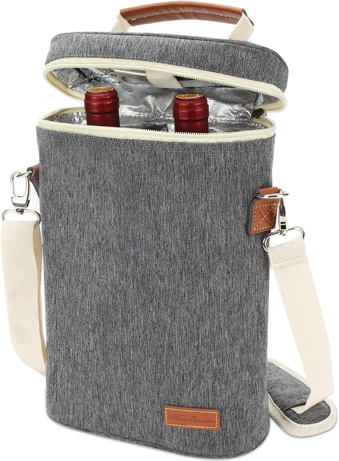 3 Bottle Insulated Wine Tote Cooler Bag, Portable Wine Carrier with Corkscrew Opener and Shoulder Strap for Beach Travel Picnic, Unique Wine Carrier for Wine Lover Gifts Grey