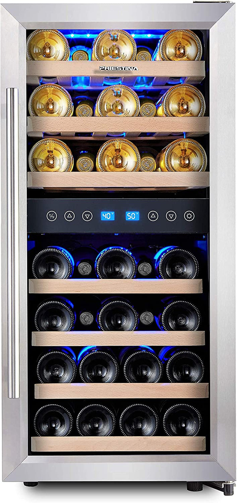 Dual Zone Wine Cooler Refrigerator - 33 Bottle Free Standing Compressor Fridge and Chiller for Red and White Wines - 16'' Glass Door Wine Refrigerator with Digital Memory Temperature Control