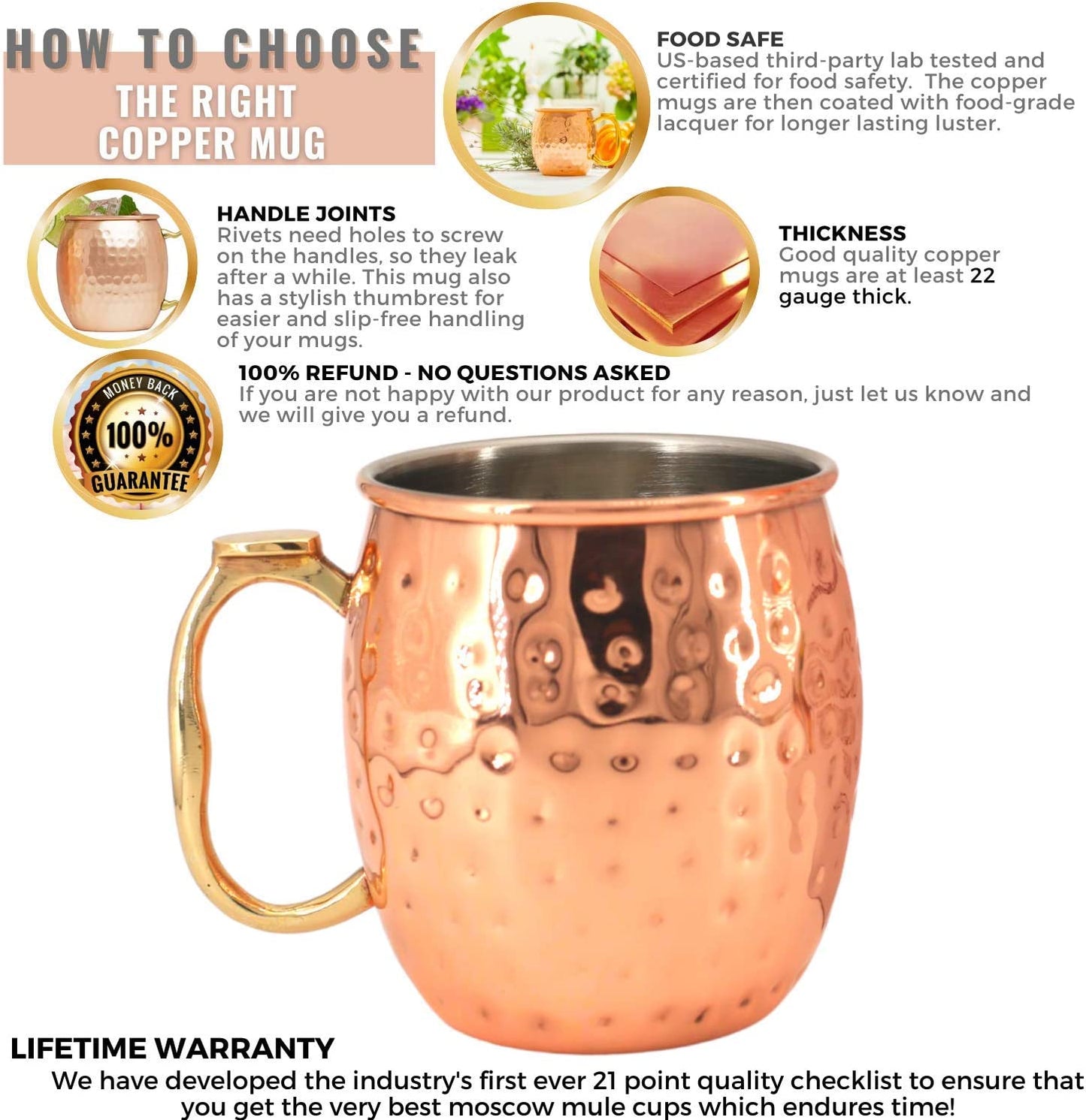 [Gift Set]  Moscow Mule Mugs, Stainless Steel Lined Copper Moscow Mule Cups Set of 6 (18Oz) W/ Straws, Jigger, Spoon & Brush | Tarnish-Resistant Stainless Steel Interior